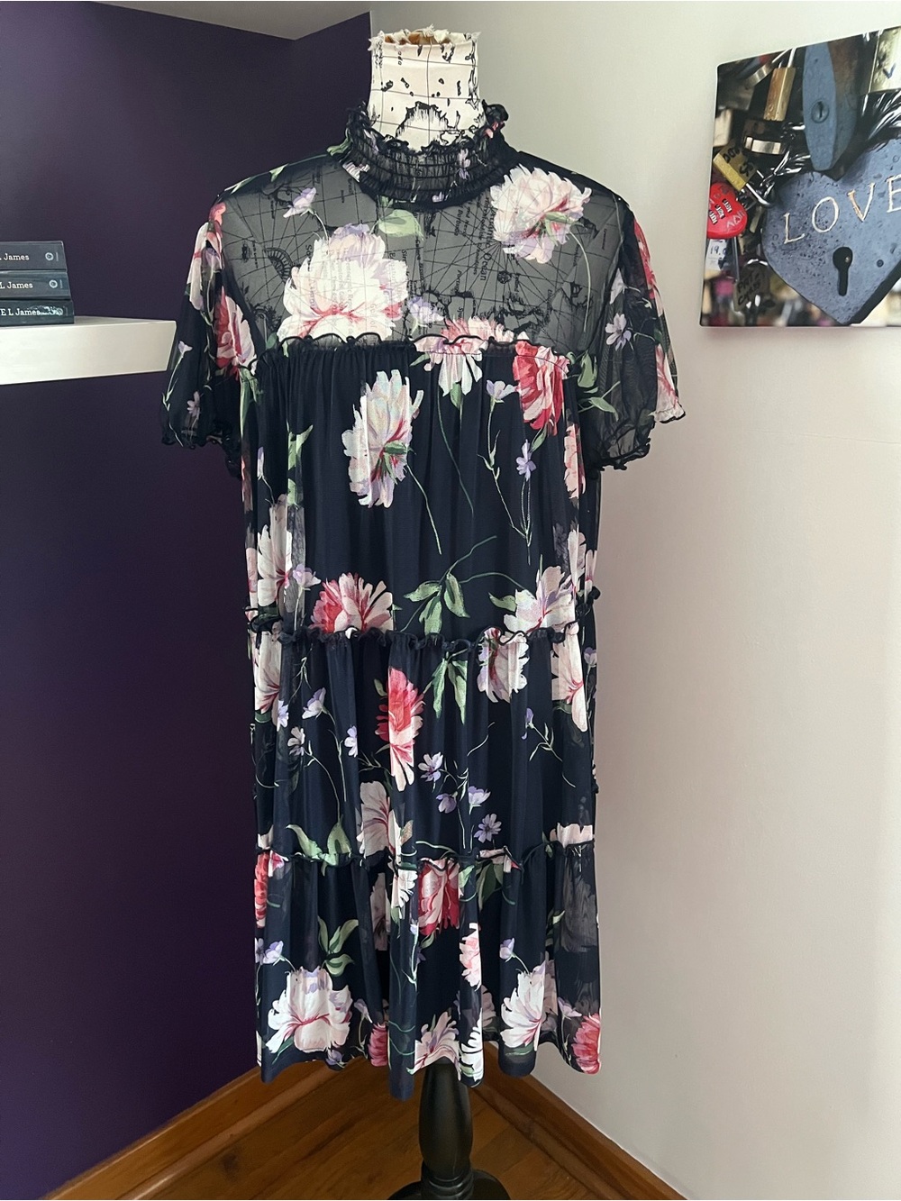 Enfocus Studio Navy Floral Tiered Dress with Sheer Top